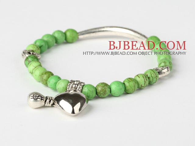 Nice Round Apple Green Turquoise And Tibet Silver Tube Heart Charm Beads Bracelet