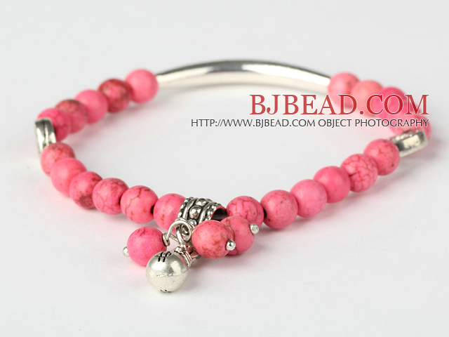 Nice Round Pink Turquoise And Tibet Silver Tube Heart Charm Beads Bracelet