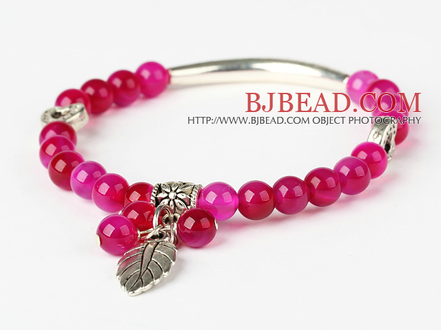 Nice Round Rose Agate And Tibet Silver Tube Heart Leaf Charm Beaded Bracelet