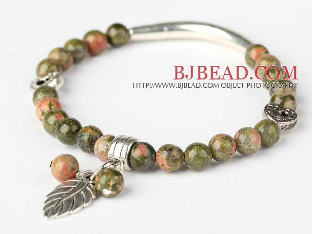 Fashion Round Green Piebald Stone and Tibet Silver Tube Heart Leaf Charm Beaded Bracelet