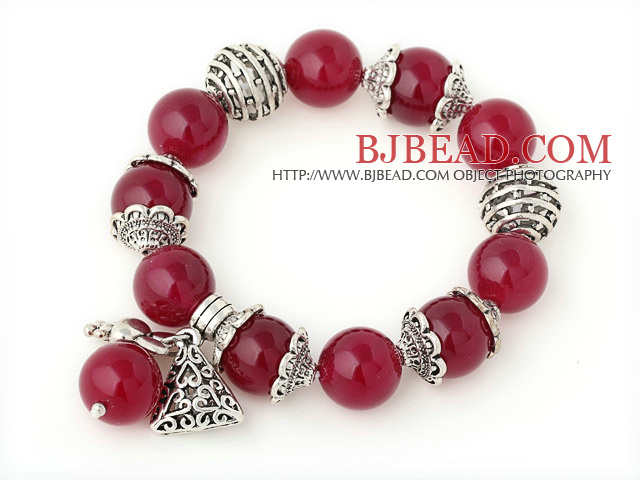 Nice 14mm Round Rose Agate Beaded Bracelet With Tibet Silver Rabbit Ball Cap Charm Accessories