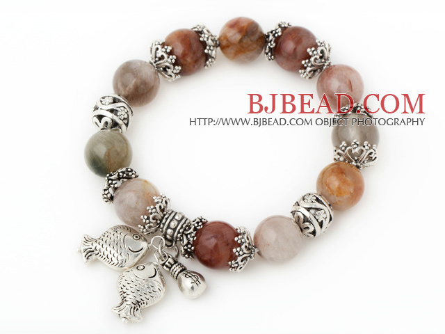 Pretty Round Colorful Quartz Beaded Bracelet With Tibet Silver Fish Ball Cap Charm Accessories