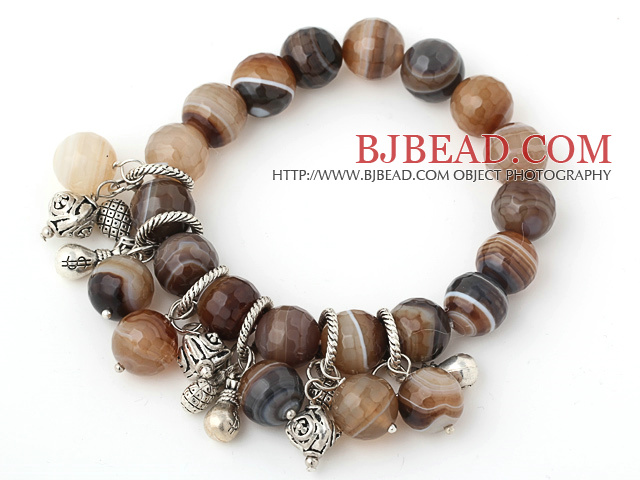 Nice Faceted Round Banded Agate Beaded Bracelet With Tibet Silver Lucky Bag Charm Accessories