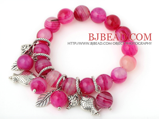 Elegant Round Rose Agate Beaded Bracelet With Tibet Silver Fish Leaf Charm Accessories