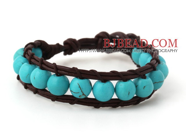 Fashion 8mm Round Blue Turquoise Hand Knotted Brown Leather Wrap Bracelet