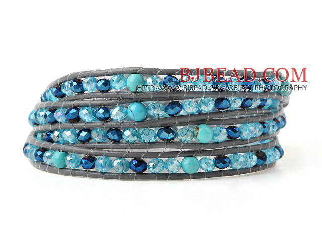 Pretty Multilayer Blue Series Jade-Like Crystal Hand-Knotted Gray Leather Wrap Bracelet
