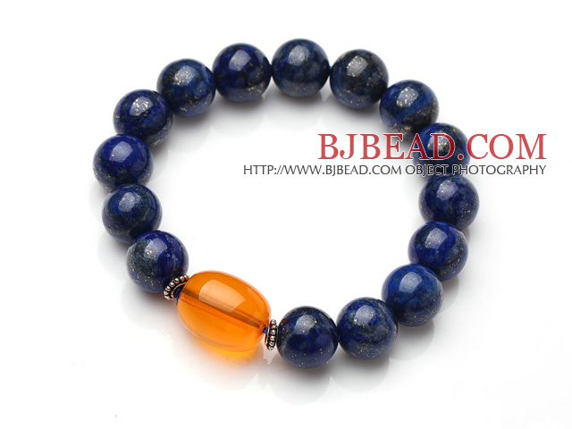 Classic Single Strand Natural Round Lapis And Oval Shape Orange Amber Elastic Bracelet