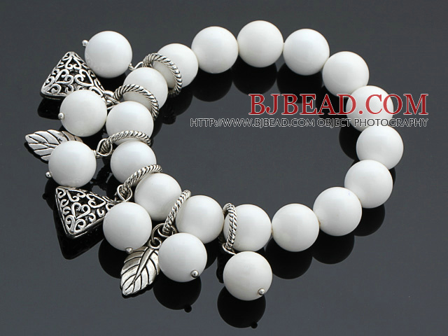 Charming 12mm Round White Porcelain Stone Beaded Bracelet With Tibet Silver Triangle Leaf Charm Accessories