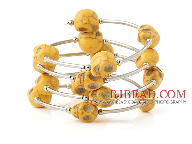 Nice Multilayer Yellow Skull Turquoise Wired Wrap Bangle Bracelet