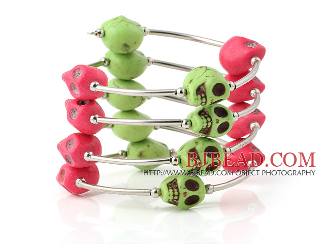 Beautiful Multilayer Green And Red Skull Turquoise Wired Wrap Bangle Bracelet