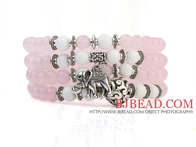Lovely Multilayer Round Pink Candy Jade And White Porcelain Beads Stretch Bangle Bracelet With Tibet Silver Elephant Charms