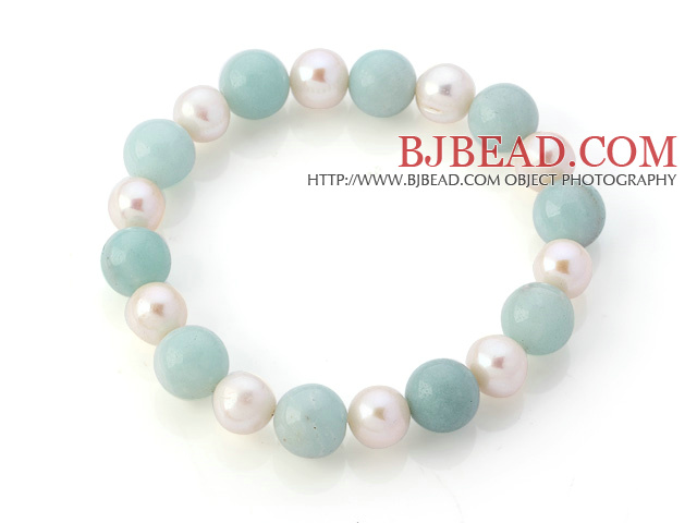 Elegant Natural White Freshwater Pearl And Round Amazon Stone Beads Elastic Bracelet