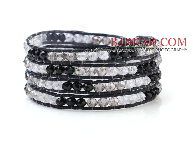 Multilayer Multi Color Manmade Crystal Hand-Knotted Black Wax Cord Wrap Bracelet