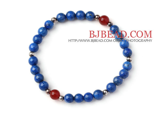 Simple Style Single Strand 6mm Round Lapis Beads Bracelet with Sterling Silver Beads and Faceted Carnelian