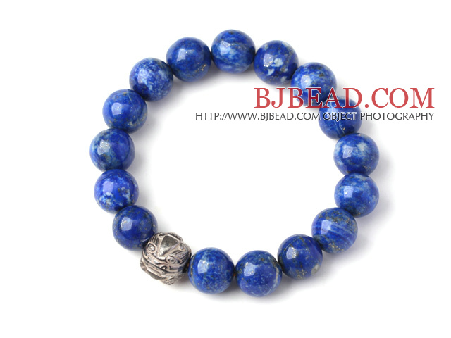 Trendy Single Strand 12mm Round Lapis Beads Bracelet with Sterling Silver Pixiu Accessory