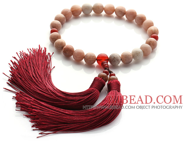 Newly Fashion Single Strand Round Sunstone and Carnelian Holding Prayer Beads with Red Tassel