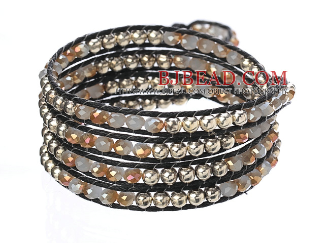 Amazing Fashion Multi Strands Crystal And Alloyed Beads Woven Wrap Bangle Bracelet With Black Wax Thread