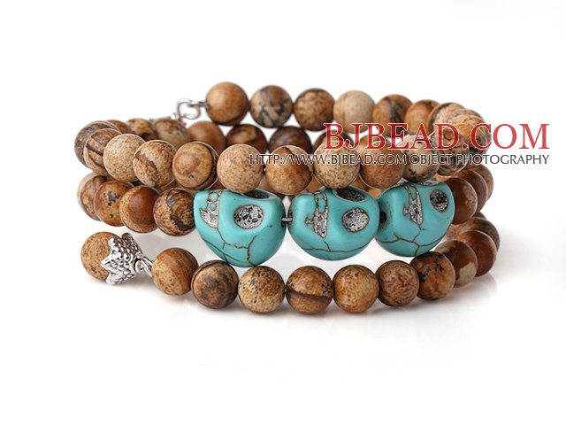New Arrival Multi Strands Round Picture Jasper Beaded Elastic Bracelet with Turquoise Skull and Charm